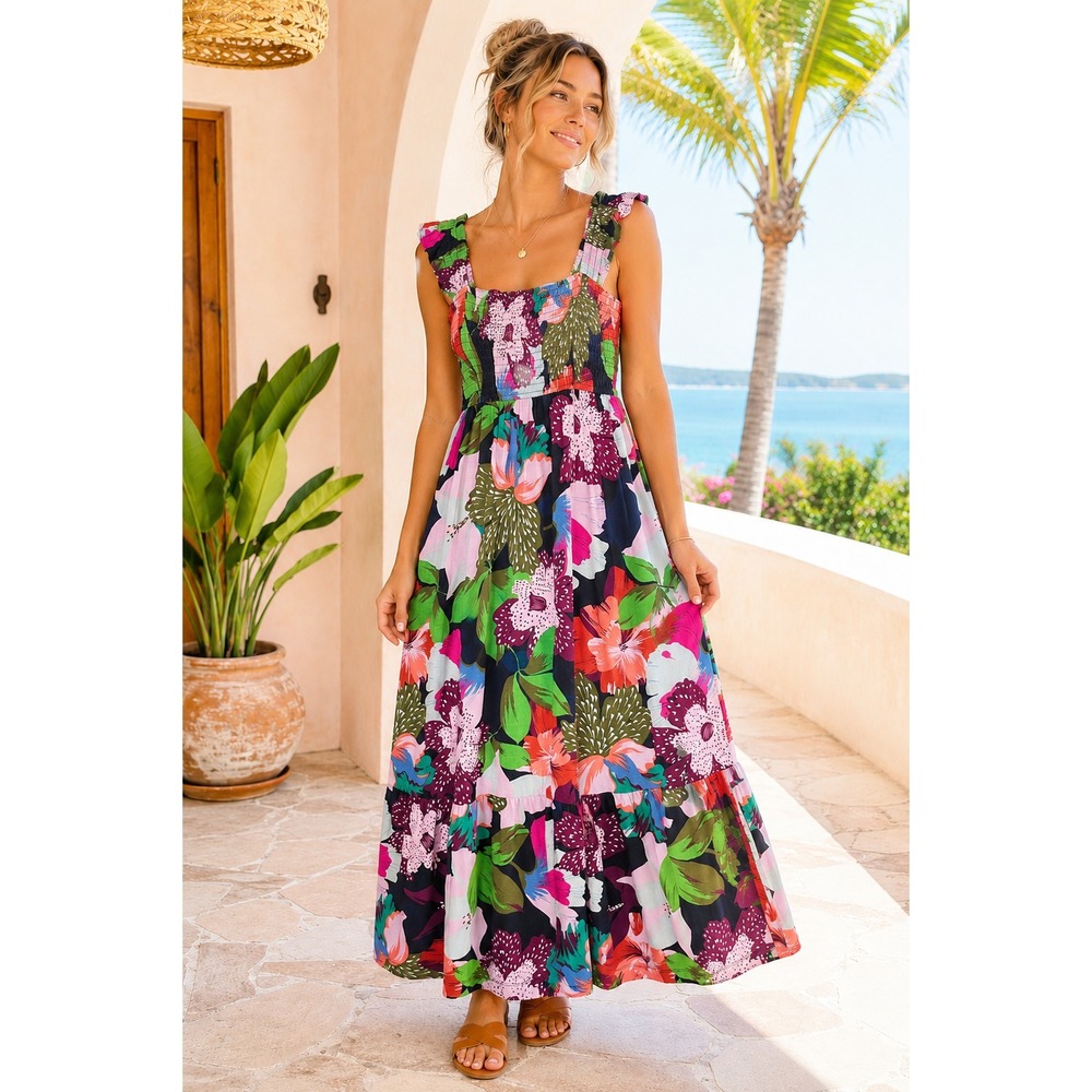 Soma Tropical Floral Maxi Dress Women's Small Smocked Boho Resort Sundress